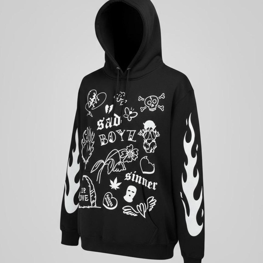 Sad Boyz RIP Love Graphic Hoodie‎ Black Flame Sleeves Size XL